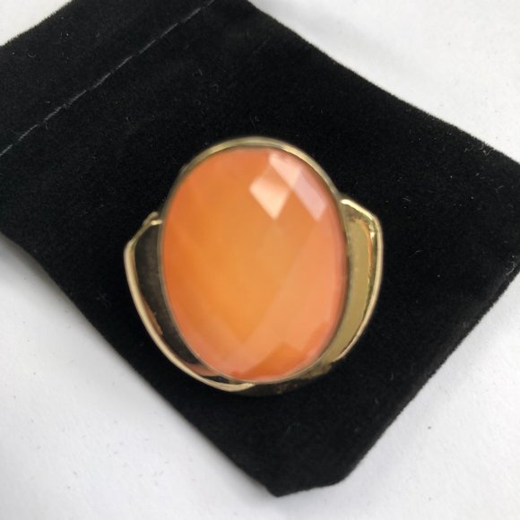 Statement Ring Tangerine Acrylic Oval Stone Ornate Gold Tone Ring - Picture 4 of 8